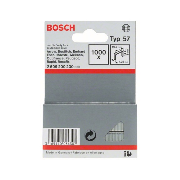 BOSCH flat wire staple type 57 10.6 x 1.25 x 8 mm 1000-pack 2609200230 - Clamp/pin for stapler (other)