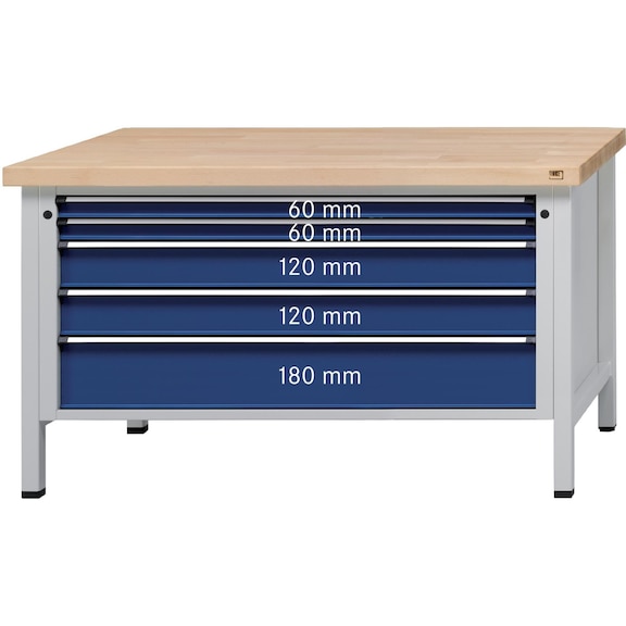 Etabli ANKE, mod. 29 VX, plateau hêtre mass. 1500 x 800 x 900 mm RAL 7035/5010 - Etabli, série VX 1500 avec tiroirs XXL