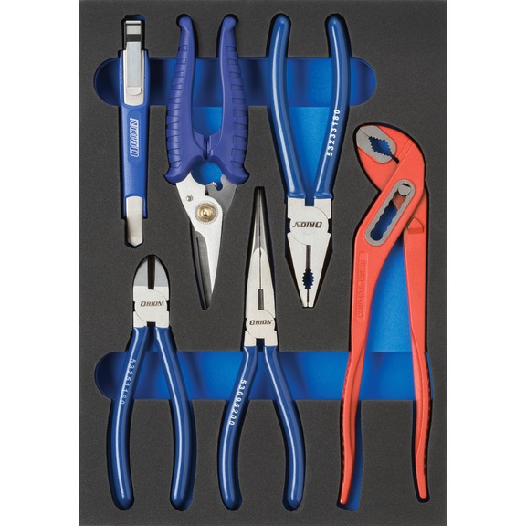ORION insert equipped w. pliers 6 pcs dim. WxD 232x332x31mm - Hard foam insert equipped with tools, pliers set