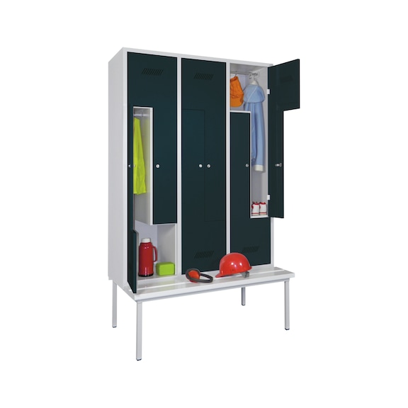 Casier en Z av sous-structure banc, serr cylind, 2&nbsp;150x830x800&nbsp;mm RAL&nbsp;7035/7016 - Casier en Z avec sous-structure en banc