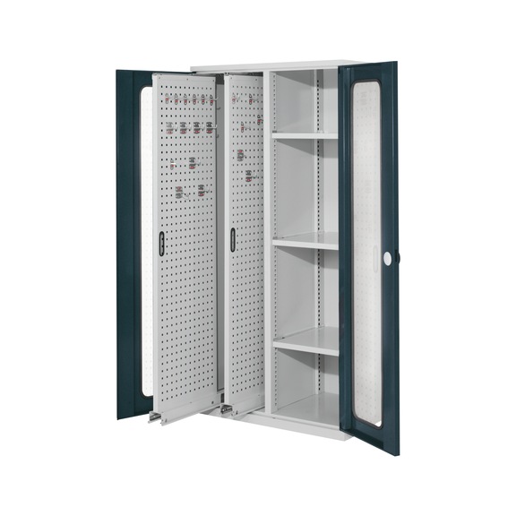 RasterPlan vertical cabinet, model 80 with doors with viewing window - Vertical cabinet with RASTERPLAN perforated metal plate pull-outs and shelves