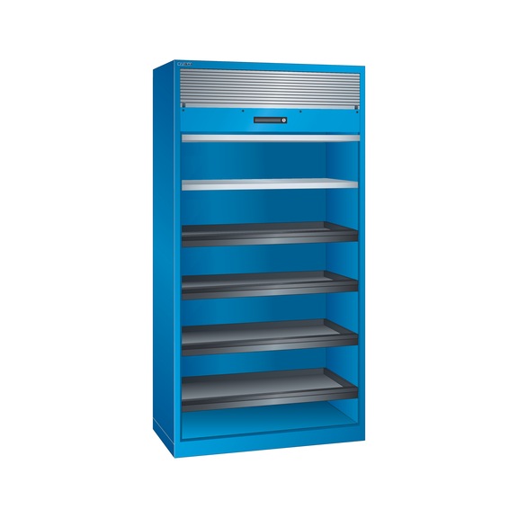 LISTA roller shutter cabinet, 2 shelves (WxDxH) 1000x580x1950&nbsp;mm KEY lock R5012 - Roller shutter cabinet