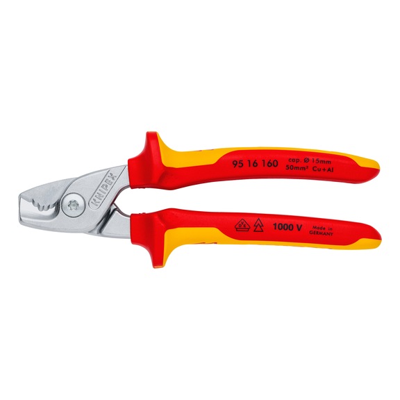 Pince coupe-câble KNIPEX VDE, 160 mm, chromée, poignées bimatière - Pince coupe-câble Stepcut avec manchon de préhension en PVC surmoulé, bimatière ou VDE