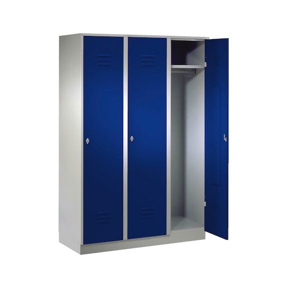 Wardrobe, 3 compartments, 400 mm, with base, 1800 x 1200 x 500 mm, RAL 7035/5010 - Clothing cabinet with base