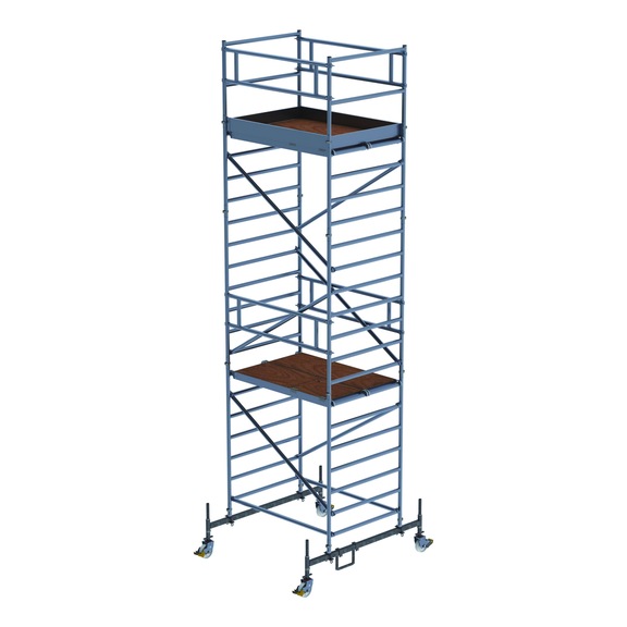 MUNK GUENZBURGER STEIGTECHNIK Mobile scaffold tower 1.35 x 1.80 m w. chassis beams, double platform, ht 5.45 m - 