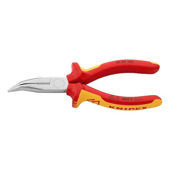 Pince à bec demi-rond VDE KNIPEX 160 mm, coudée, tête chromée, poignée bimatière - Pince à bec demi-rond, courbée, avec manchons de préhension bimatière isolés VDE