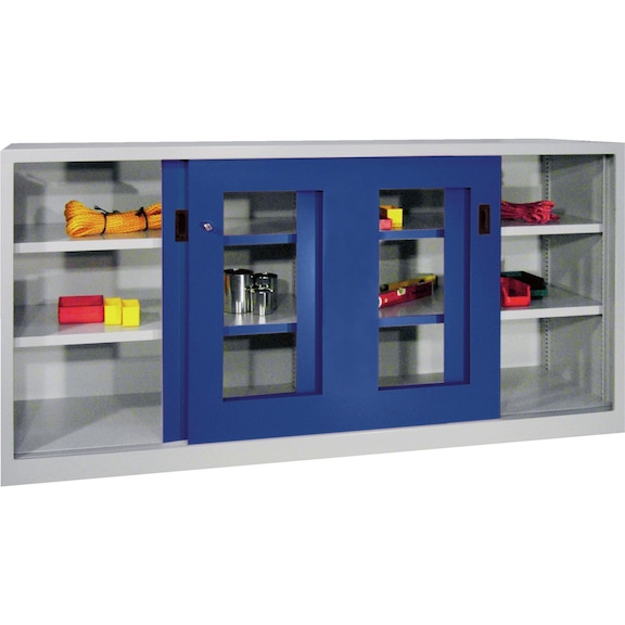 滑动门柜，高x宽x深 1000x2000x500 毫米，带观察窗的门，RAL 7035/5010 - 滑动门机柜，采用带观察窗的门，高 1000 毫米