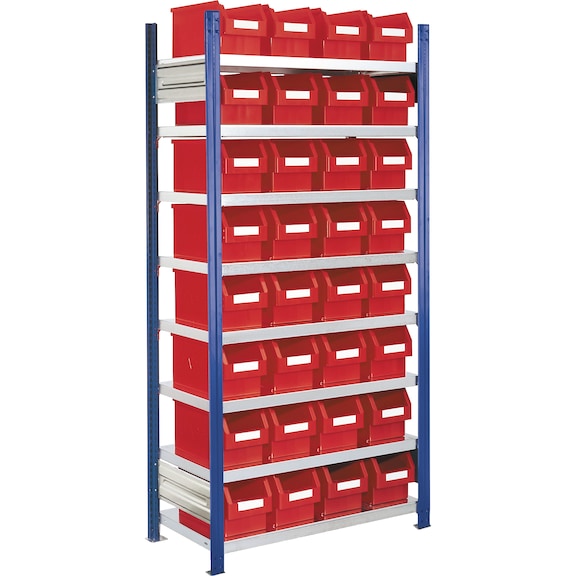 Plug-in rack basic bay model 12 2000x1000x300&nbsp;mm 8 shelves galvanised RAL 5010 - Plug-in rack with easy-view storage bins