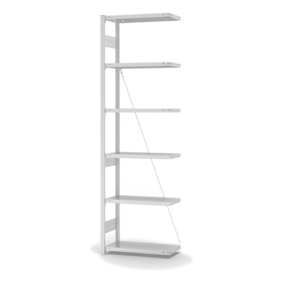 HOFE shlv. rack add-on bay 750x300 mm, 6 light grey shlvs, 220 kg HKA25307XM - Single-sided shelving rack