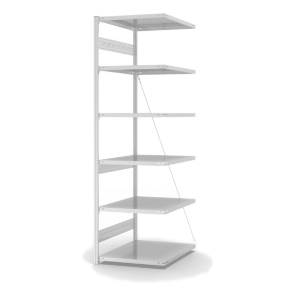 HOFE shlv. rack add-on bay 750x800 mm, 6 light grey shlvs, 230 kg HKA25807XM - Single-sided shelving rack