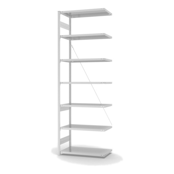 HOFE shlv. rack add-on bay 1,000x500 mm, 7 light grey shlvs, bay load 1,700 kg - Single-sided shelving rack