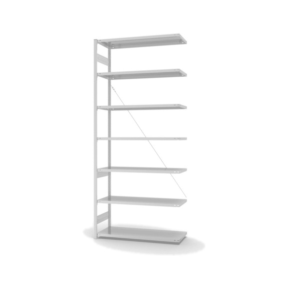 HOFE shlv. rack add-on bay 1,300x500 mm, 7 light grey shelves, load cap. 230 kg - Single-sided shelving rack