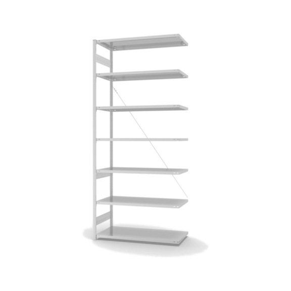 HOFE shlv. rack add-on bay 1,300x600 mm, 7 light grey shelves, load cap. 240 kg - Single-sided shelving rack