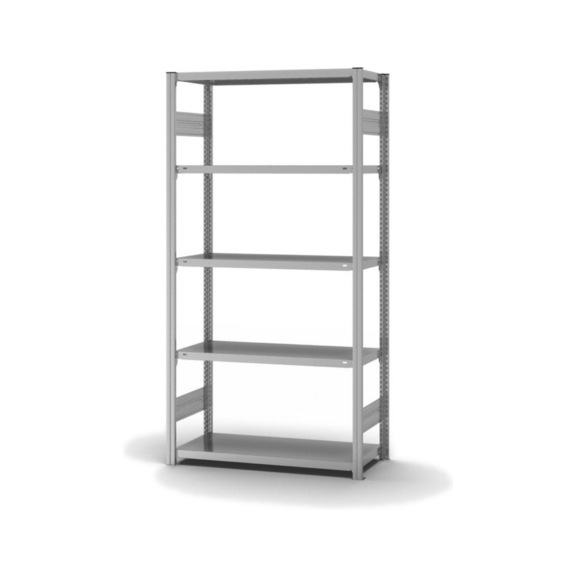 Polic. regál HOFE, zákl. pole 1&nbsp;000x400&nbsp;mm, 5 pozin. polic, nosnost 1&nbsp;200&nbsp;kg - Oboustranný policový regál