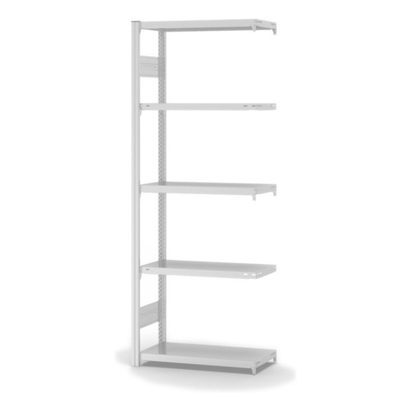 HOFE shlv. rack add-on bay 750x300 mm, 5 light grey shlvs, 220 kg HKA20307AM - Single-sided shelving rack