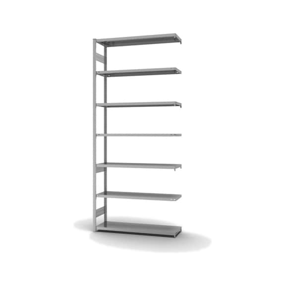 Polic. regál HOFE, příd. pole 1&nbsp;300x400&nbsp;mm, 7 pozin. polic, zesílené příčníky - Oboustranný policový regál