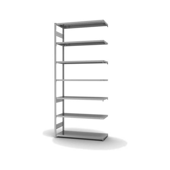 HOFE shlv. rack add-on bay 1,300x500 mm, 7 zp. shlvs, reinforced crossbeams - Double-sided shelving rack
