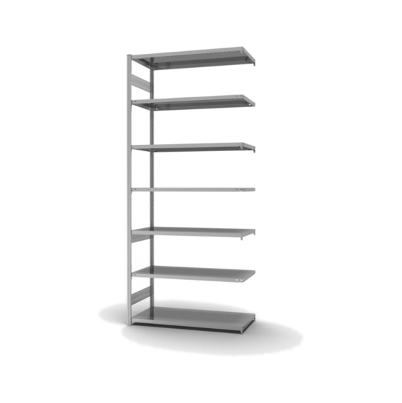 HOFE shlv. rack add-on bay 1,300x600 mm, 7 zinc-plated shelves, load cap. 240 kg - Double-sided shelving rack