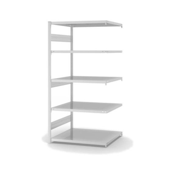 HOFE shlv. rack add-on bay 1,000x800 mm, 5 light grey shelves, load cap. 330 kg - Single-sided shelving rack