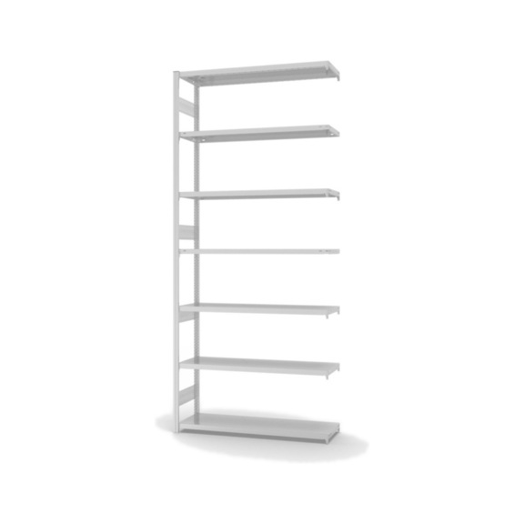 HOFE shlv. rack add-on bay 1,300x400 mm, 7 light grey shelves, load cap. 315 kg - Single-sided shelving rack