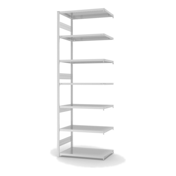 HOFE shlv. rack add-on bay 1,000x600 mm, 7 light grey shelves, load cap. 330 kg - Single-sided shelving rack