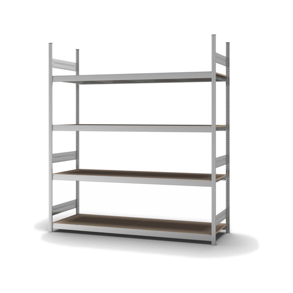 HOFE large-compartment rack basic bay 2,250x600 mm, 4 zp. shelves, chipbd panels - Large-compartment rack with chipboard panels