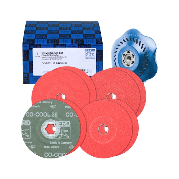 PFERD Combiclick ceramic abr grain fibre disc set, dia. 125mm, G 36, 60, 80, 120 - COMBICLICK corundum fibre disc set