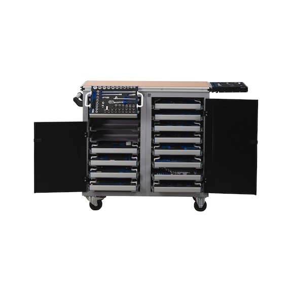 Rollwerkbank mit Auszug geeignet für CLIP-O-FLEX<SUP>®</SUP>-Tablar 2.0, geeignet für 14 Tablare, Buche-Multiplex 40mm - Rollwerkbänke mit CLIP-O-FLEX<SUP>®</SUP> Einhänge-System