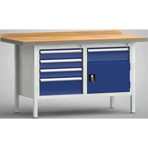 KLW Profi-Werkbank 1500x700x845 1 Rückbrett, 2 Gehäuse 1 Türe, 5 Schubladen - Werkbank