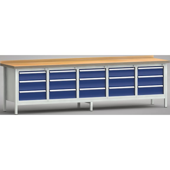 KLW Ergo-Profi-Werkbank 3000x700x905 1 Rückbrett, 5Gehäuse 15 Schubladen - Werkbank