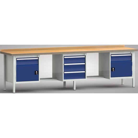 KLW Professional workbench 3000x700x845 1 back board, 3 cabinets 2 doors, 5 drawers - Workbench