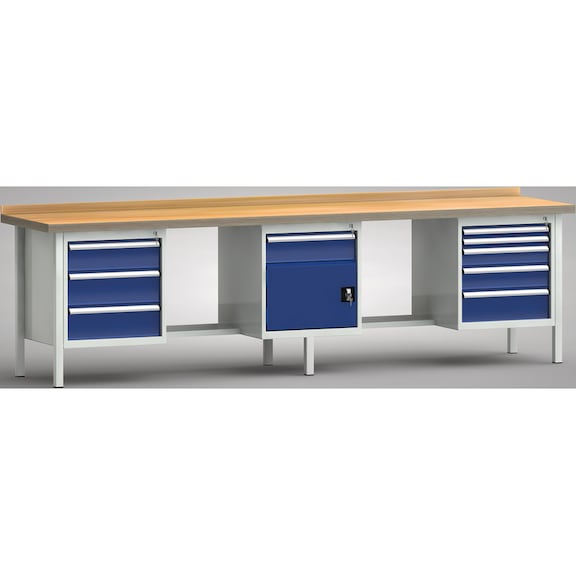 KLW Ergo-Profi-Werkbank 3000x700x905 Rückbrett, 3 Gehäuse 1 Türe, 9 Schubladen - Werkbank