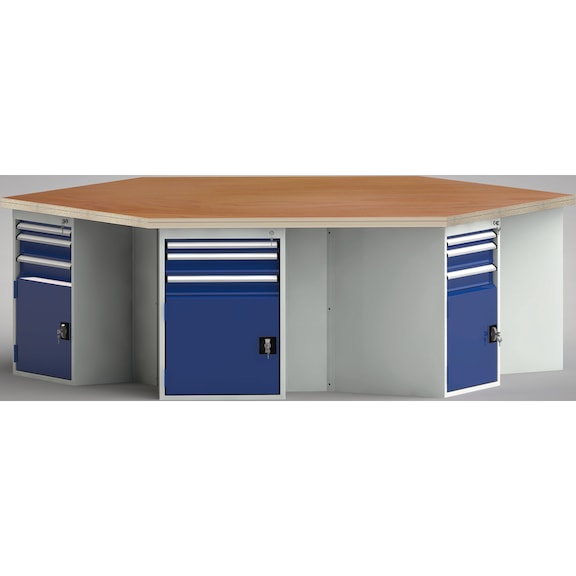 KLW Werkbank 6-Eck mit 6 Gehäuse, 6 Türen und 18 Schubladen WP620N-1350M45-E8002 - Werkbank