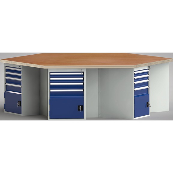 KLW Ergo-Werkbank 6-Eck mit 6 Türen und 24 Schubladen WP620E-1350M45-E8009 - Werkbank