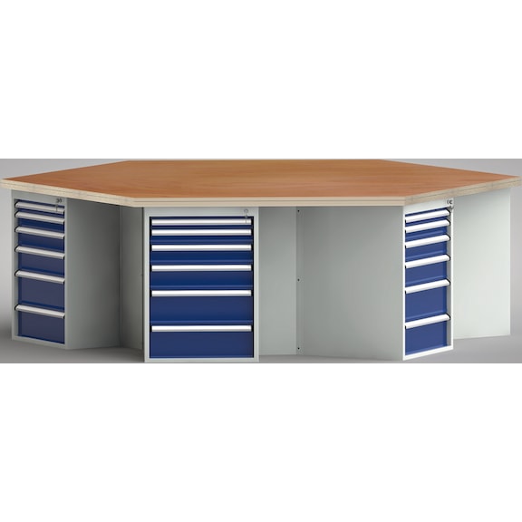 KLW Ergo-Werkbank 6-Eck mit 6 Gehäuse und 36 Schubladen WP620E-1350M45-E8015 - Werkbank