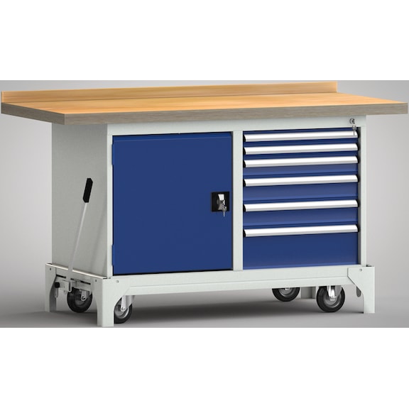 KLW standard workbench, mobile 1500x700x866 2 cabinets, 1 door and 6 drawers - Workbench