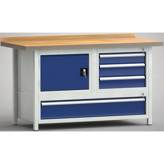 KLW Ergo-Profi workbench 1500x700x905 back board, 3 cabinets 1 door, 5 drawers - Workbench