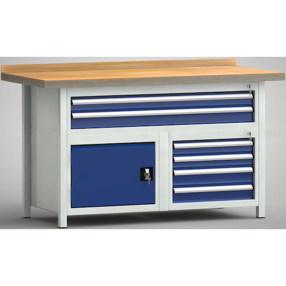 KLW Ergo-Profi-Werkbank 1500x700x905 Rückbrett, 3 Gehäuse 1 Türe, 6 Schubladen - Werkbank