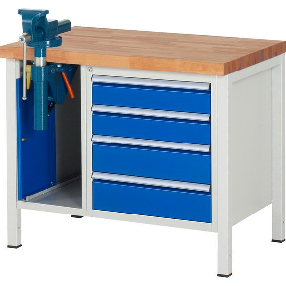 RAU Werkbank 1000x700x840mm 4xSchublade-Teilauszug Schraubstockklapplift - Werkbank Serie 8000 Gestellbauweise