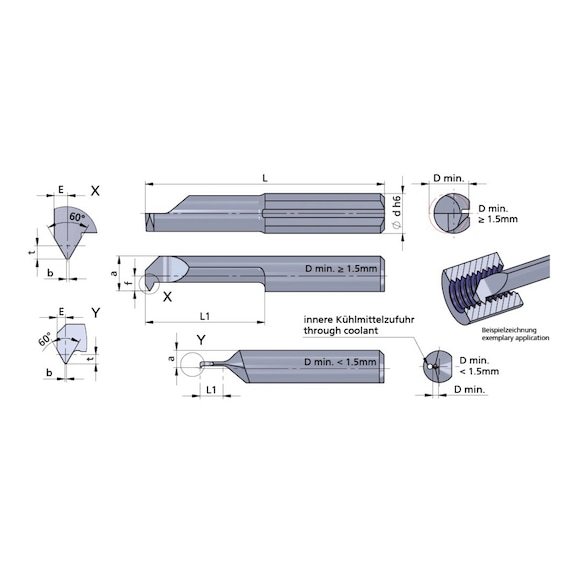 L003.0105-8/AL41F DÜMMEL, Ultramini Gewindedrehen Ø4x22 60° P=0.5 Ømin=2.4 - Typ 003, Ultramini Gewindedrehen Schneideinsatz