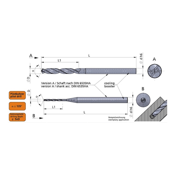 BM0110.05D.135/AC3N DÜMMEL, BM Line VHM-Mikrobohrer Ø1.1m6; 5xD; 135° Pilot Bohrer - BM-Linie, VHM-Mikrobohrer 135°