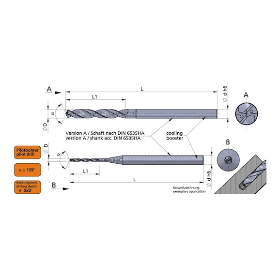 BM0290.05D.135/AC3N DÜMMEL, BM Line VHM-Mikrobohrer Ø2.9m6; 5xD; 135° Pilot Bohrer - BM-Linie, VHM-Mikrobohrer 128°