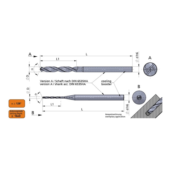 BM0120.16D.128/AC3N DÜMMEL, BM Line VHM-Mikrobohrer Ø1.2h6; 16xD; 128° - BM-Linie, VHM-Mikrobohrer 128°
