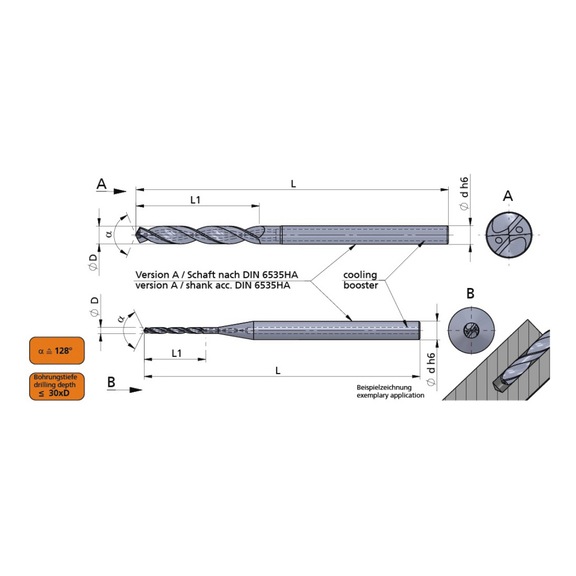 BM0150.30D.128/AC3N DÜMMEL, BM Line VHM-Mikrobohrer Ø1.5h6; 30xD; 128° - BM-Linie, VHM-Mikrobohrer 128°