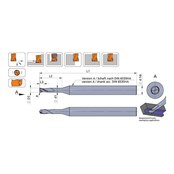 FM0020.016.R02/P04C DÜMMEL, FM Line VHM-Mikrofräser Ø0.2; L3=0.5; L2=1.6 - Typ FM Line R, VHM Mikrofräser