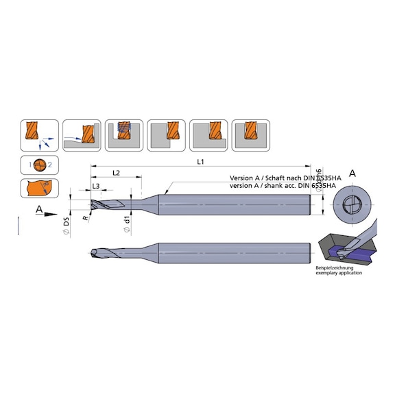 FM0080.065.R08/P04C DÜMMEL, FM Line VHM-Mikrofräser Ø0.8; L3=1.2; L2=6.5 - Typ FM Line R, VHM Mikrofräser