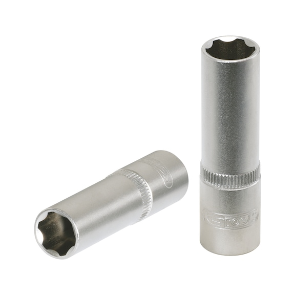 1/4 inch socket, long, 6 mm on hanger - 1/4 inch socket