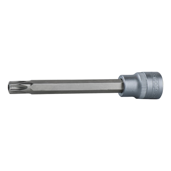 3/8 inch TX bit socket with end hole, long, TB50 on hanger - 3/8 inch Torx bit socket