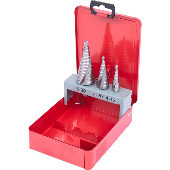 HSS step drill bit set, steel sheet cassette, 3-piece - HSS step drill bit
