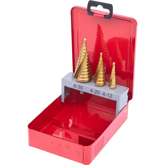 HSS TiN step drill bit set, sheet steel cassette, 3-piece - HSS TiN step drill bit set